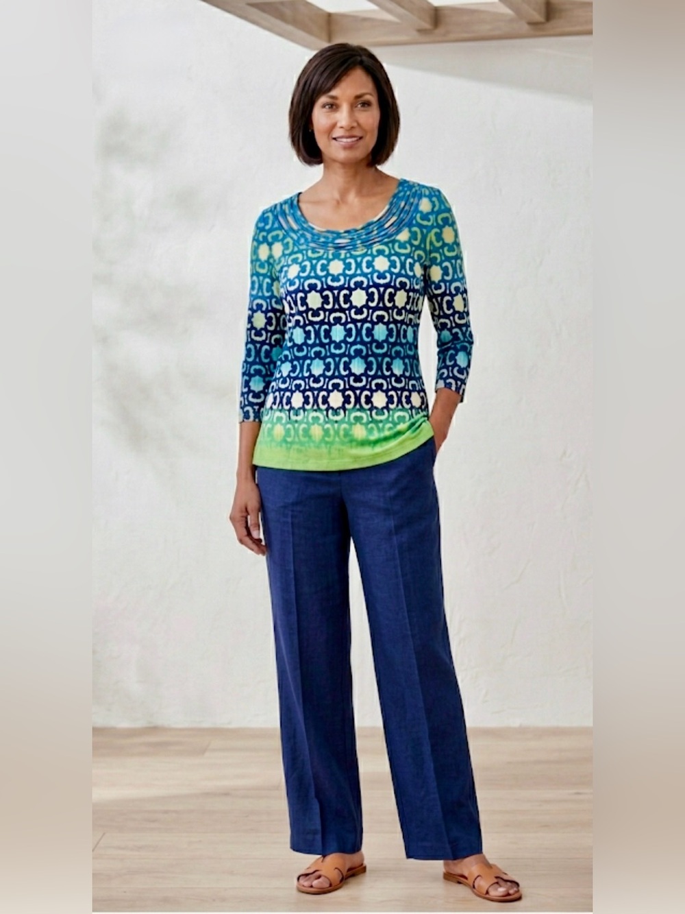 Liz Claiborne Ombre Geometric Print Tunic Top XL Blue Green Lightweight